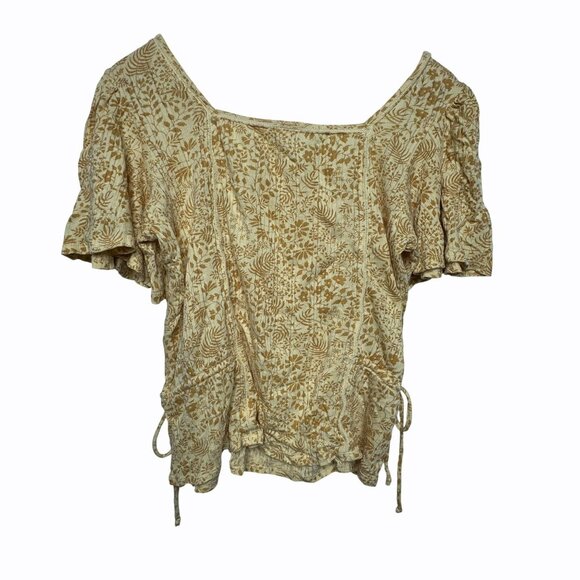 Lucky Brand Yellow Boho Floral Puff Sleeve Side Tie Blouse Top Womens Size M - Picture 2 of 5